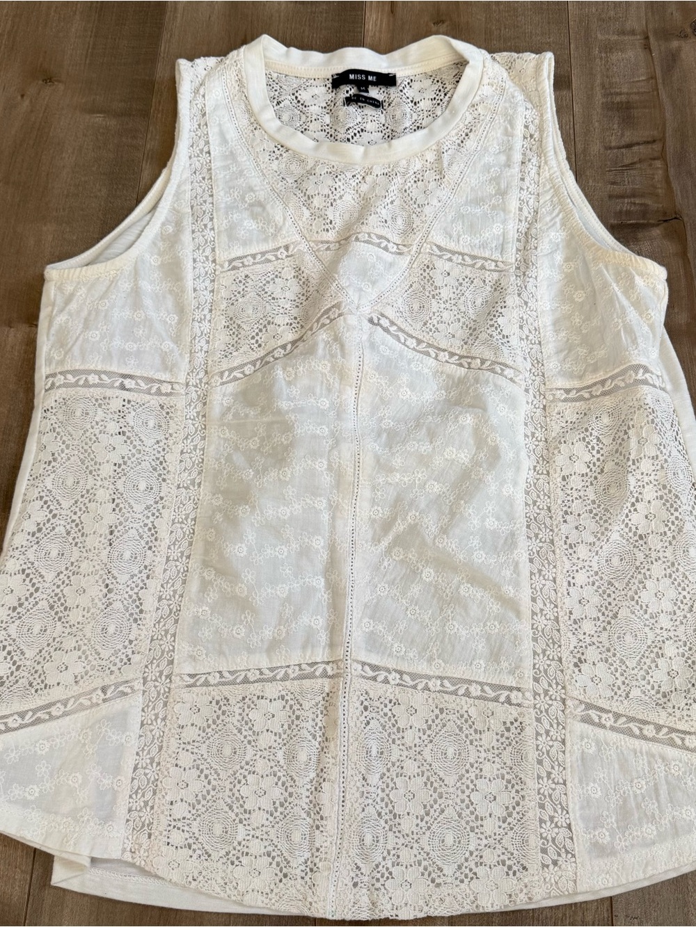 Miss Me Tank Top Crochet Floral Embroidered Lace Boho Women Medium White